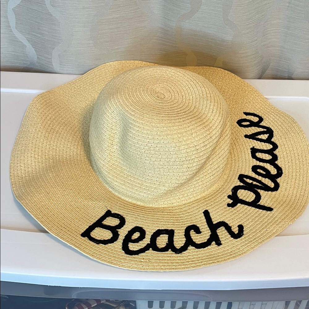 NWOT Sun Beach Hat‎ Floppy Wide Brim Woven Embroidered Beach Please